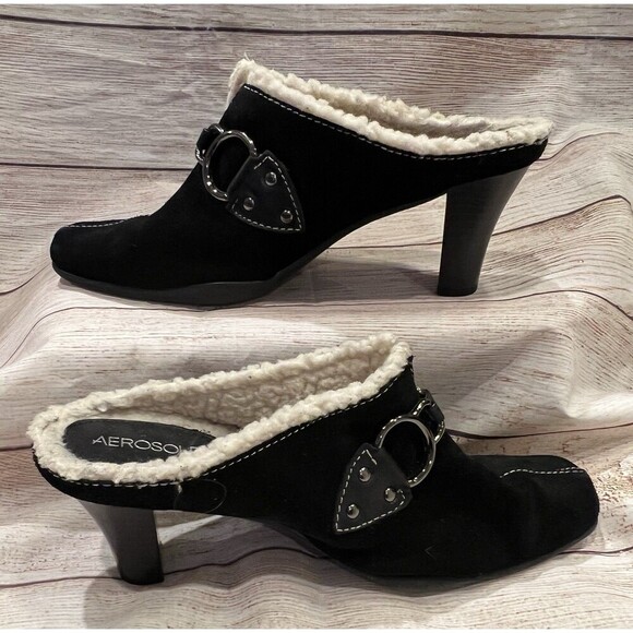 Aerosoles Cinch Shearly US 8.5 Black Suede Slide Slip On Heel Mule Clog - Picture 5 of 9